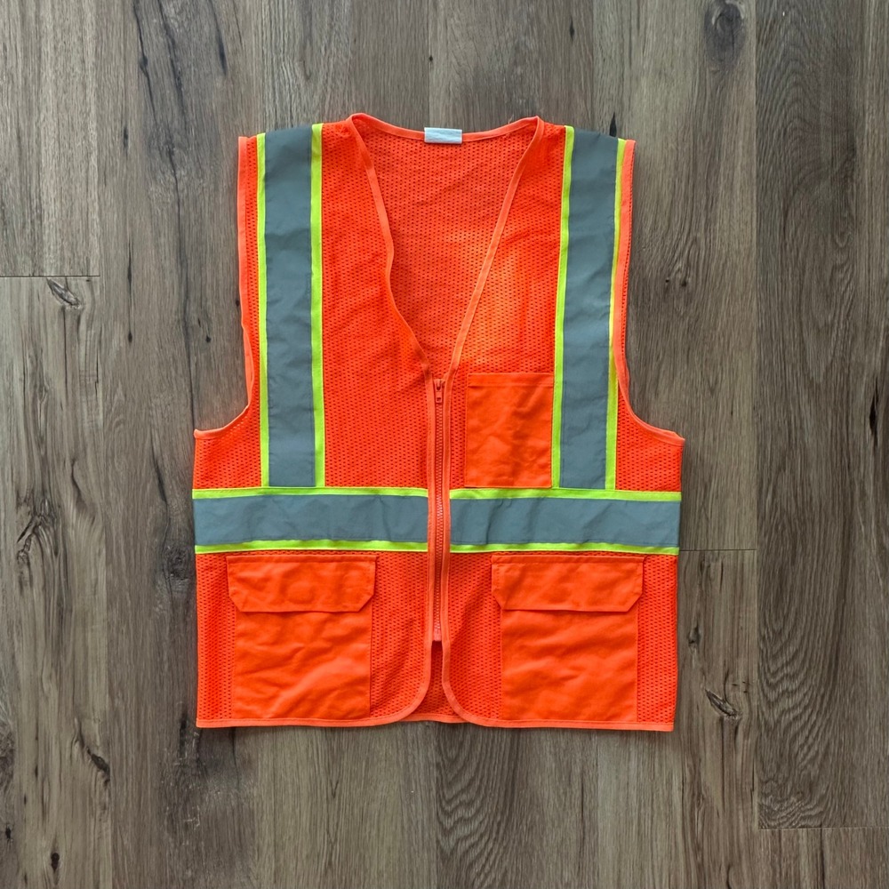 Hi-Vis Orange Mesh Safety Vest Reflective Striped Zipper Pockets‎ EN 471 Large - Picture 2 of 5